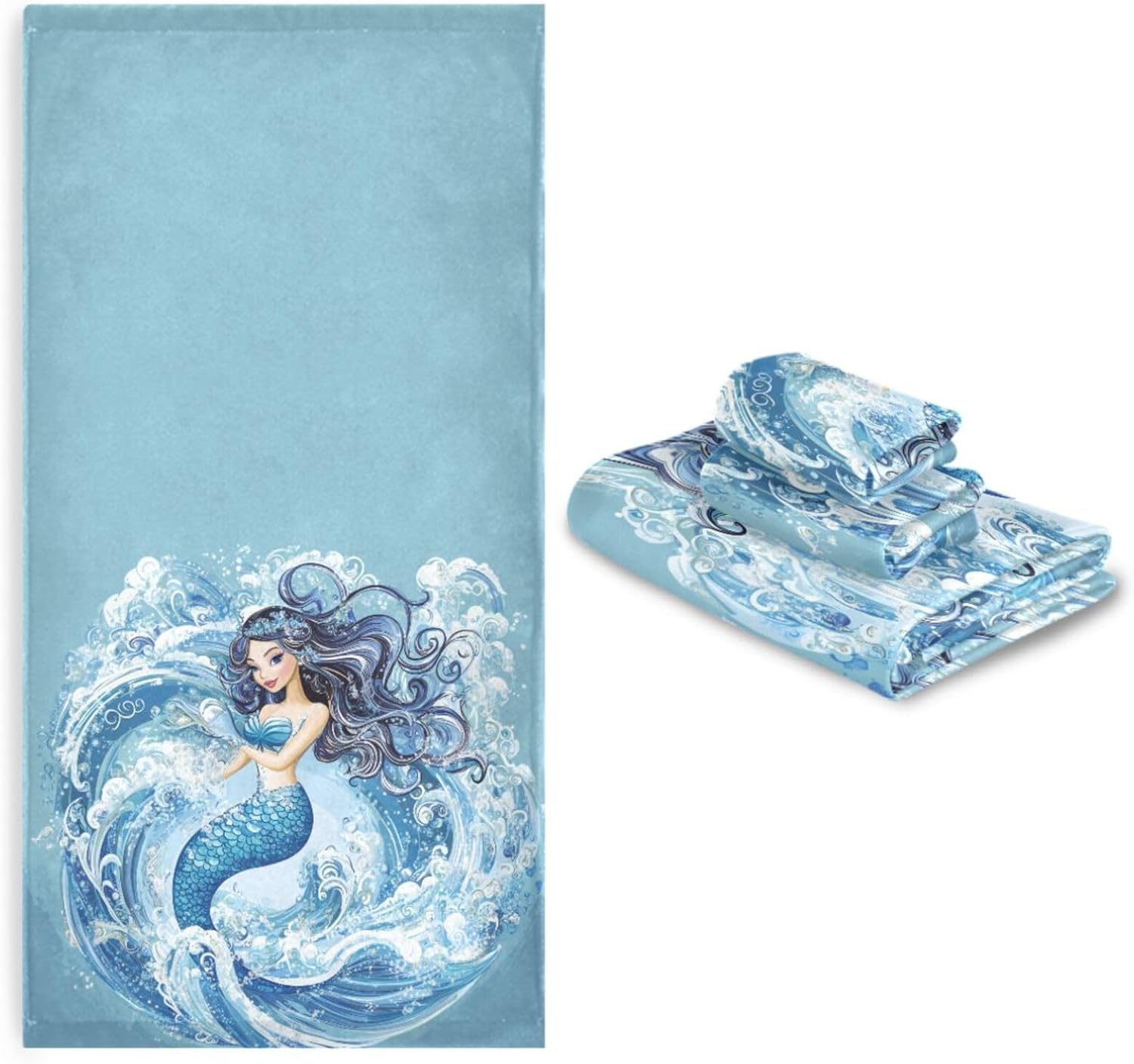 Ocean Wave Beautiful Mermaid Soft Set of 3 Towels, 1 Bath Towel+1 Hand Towel+1 Washcloth, Multipurpose Decor for Bathroom, Hotel, Gym, Spa and Kitchen