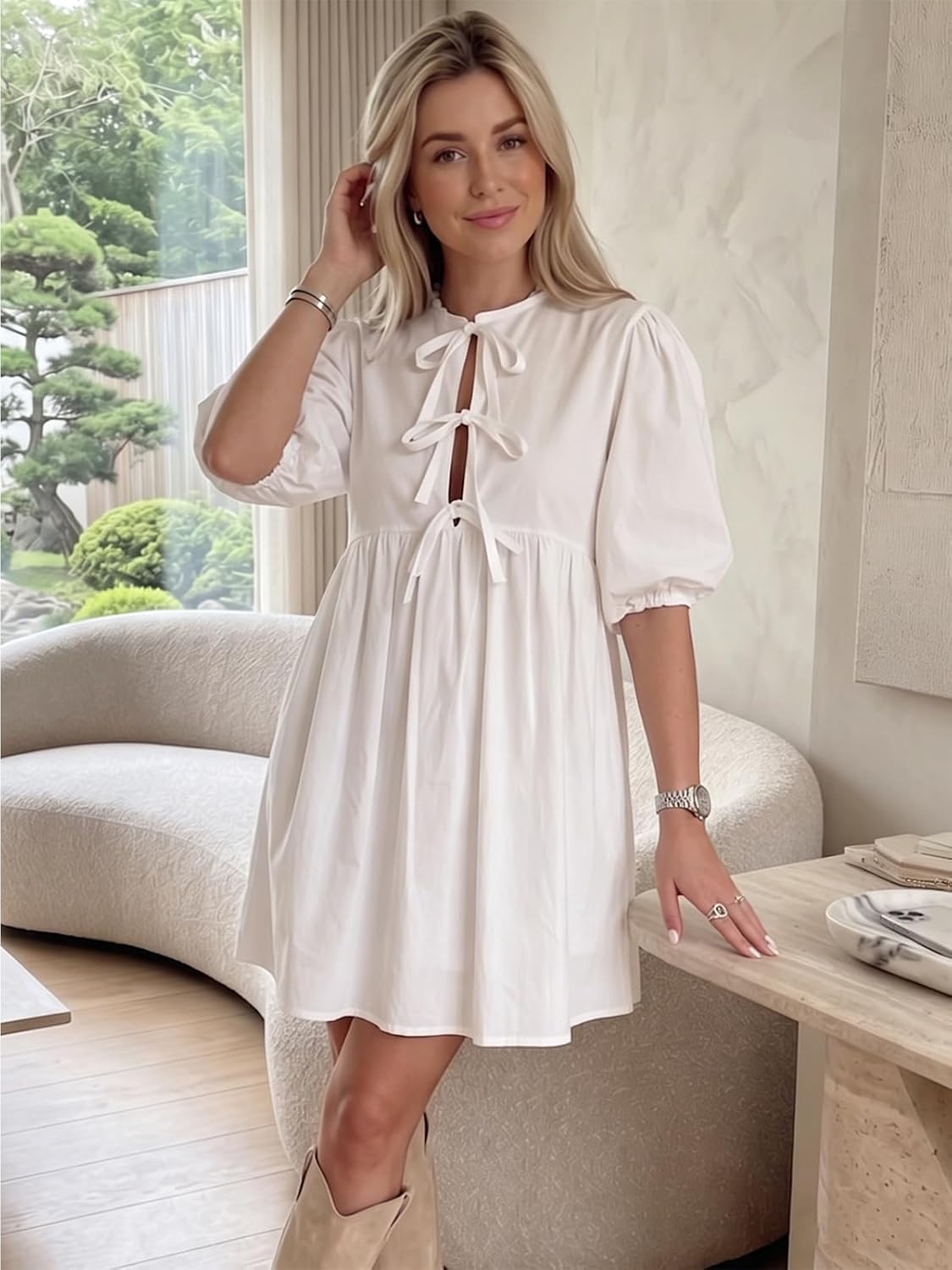 MISS SPARKLING Women’s Puff Sleeve Mini Dress Tie Front Short Sleeve Babydoll Dress Loose Fit Casual Cute Summer Dress