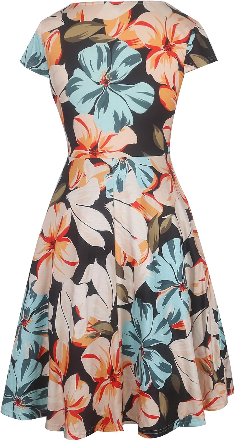 oxiuly Women's Cap Sleeve Summer Casual Dresses V-Neck Floral Vacation Party Dress OX233