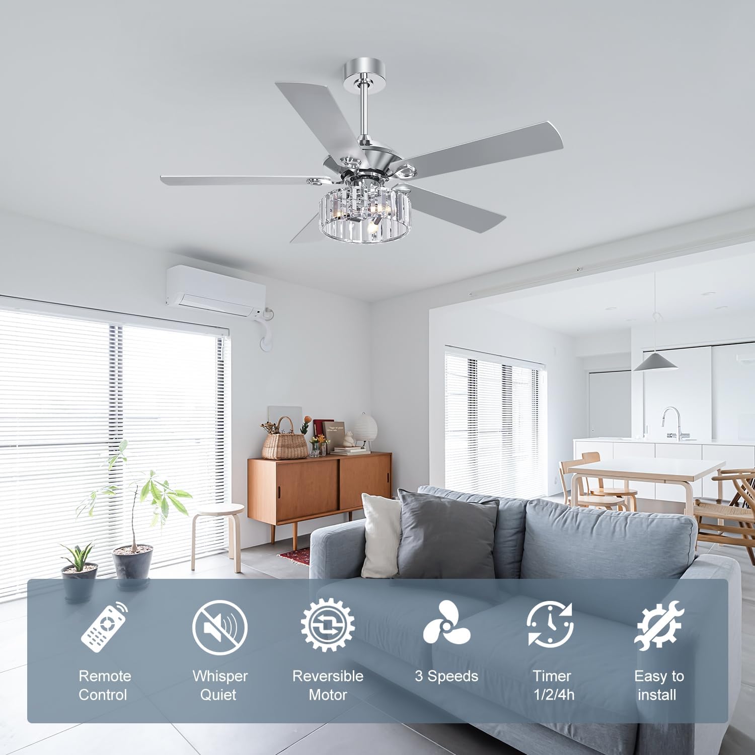 ZYD 52" Ceiling Fan with Light, Farmhouse Ceiling Fans with Lights and Remote, Industrial Chandelier Fan with Downrod, Ceiling Fans with Crystal Light, Crystal Ceiling Fan for Bedroom, Living Room