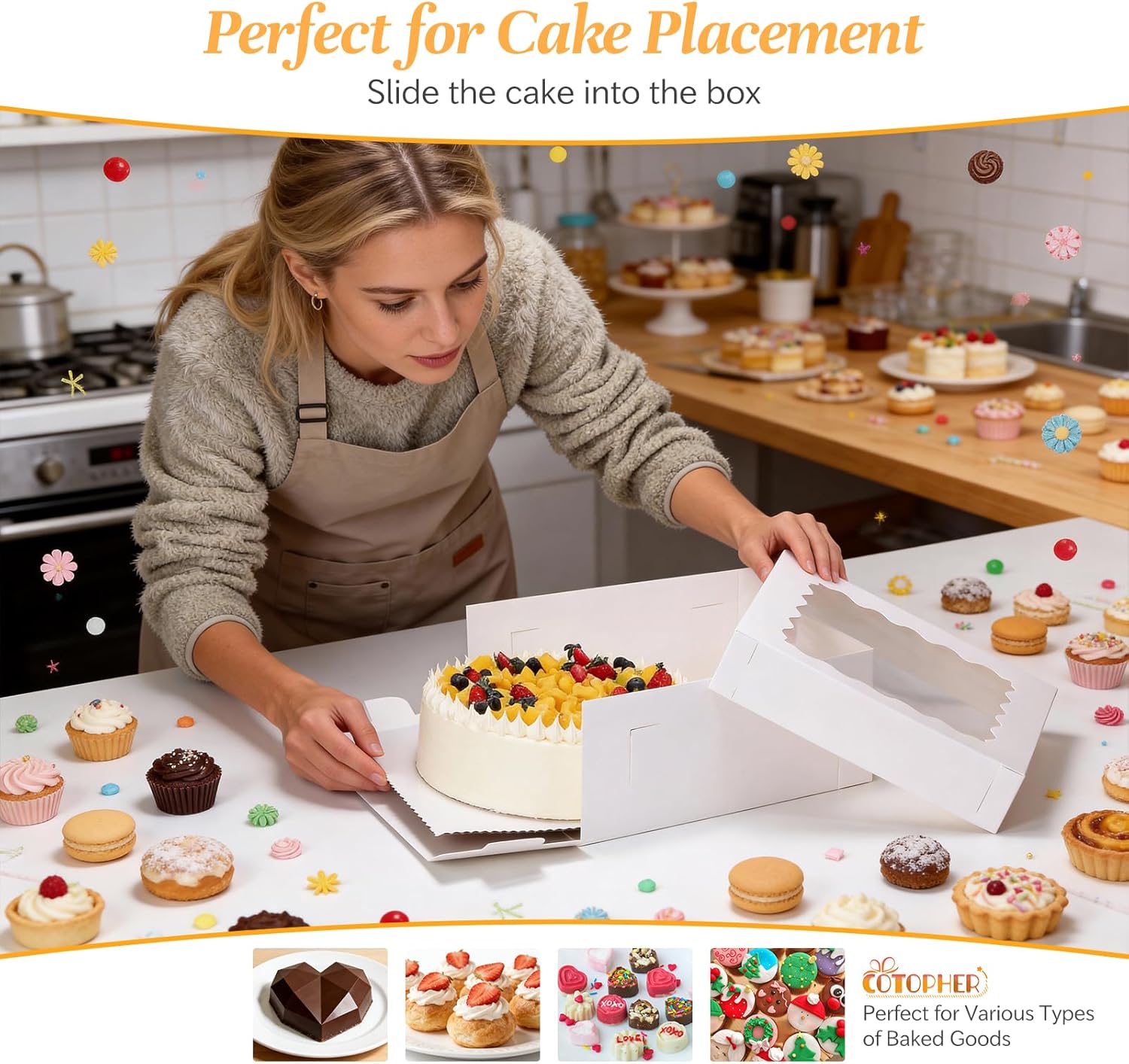 COTOPHER 14x14x6 In Sheet Cake Boxes, 16 Pcs White Bakery Boxes with Large Window (8 Boxes & 8 Boards), Cake Containers for Quarter Cakes, Donuts, Cupcakes, Brownie, Pastry & Pies Packaging