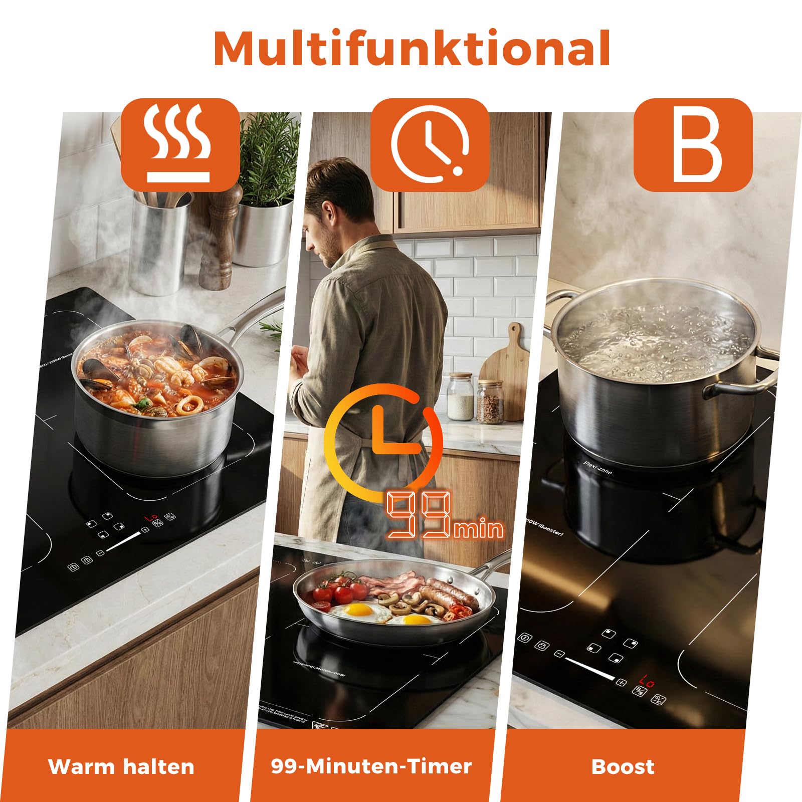 Topwish Induktionskochfeld 4 platten mit Flexzonen, Induktionskochfeld 60cm | Herdplatte 4 Kochfelder mit Boost-Funktion, Timer, Kindersicherung, Überhitzungsschutz und Warmhalten, 7200W