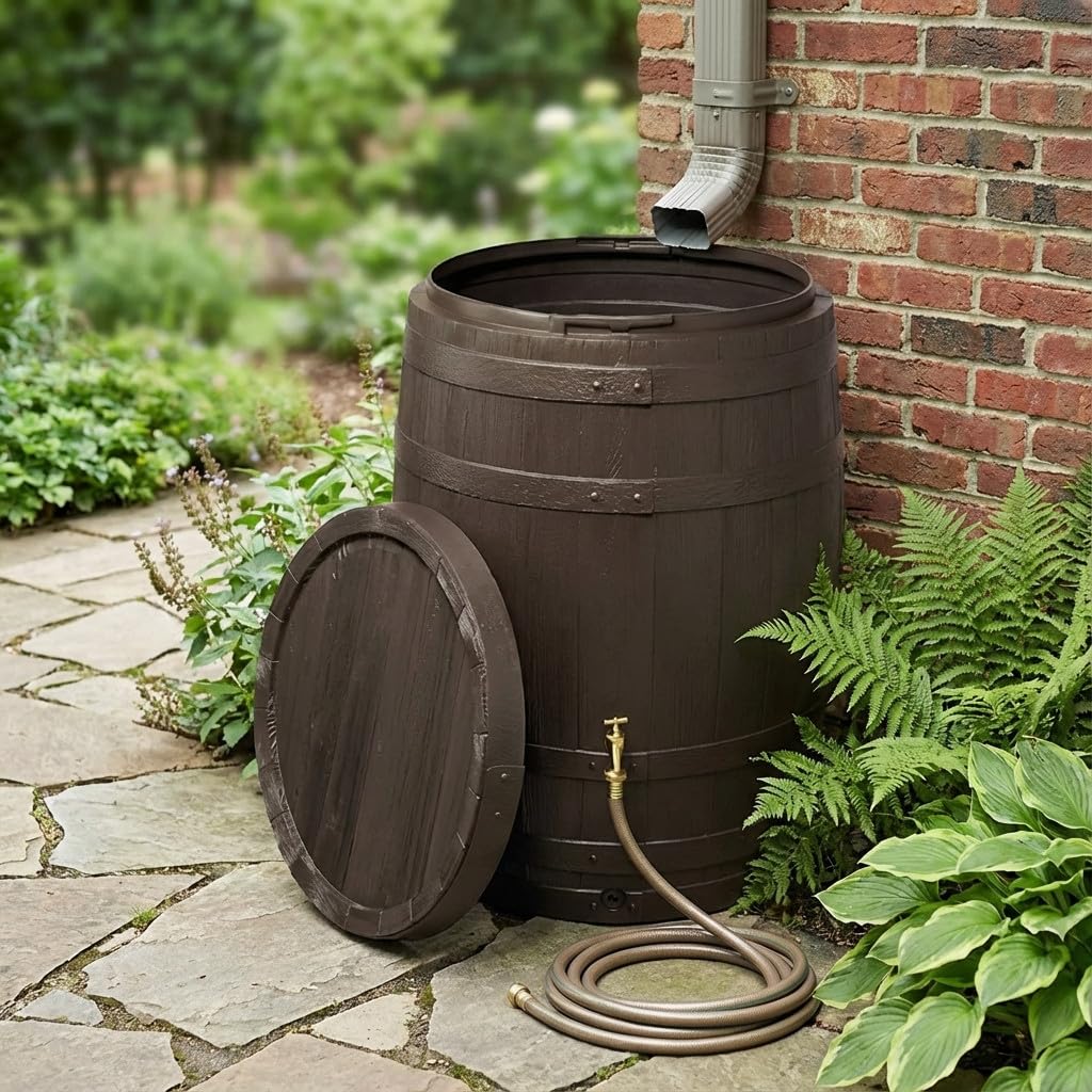 Serbatoio dell'acqua da 250 litri | Barile in polietilene imitazione legno 65 x 95 cm | Serbatoio acqua piovana per giardino | Serbatoi d'acqua decorativi per giardino