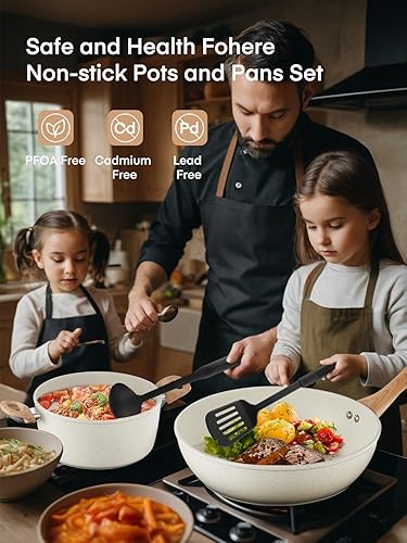 Miniatura 4 de FOHERE Juego de ollas y sartenes con tapas, 15 piezas, juegos de utensilios de cocina de inducción antiadherentes de aluminio, con sartenes,