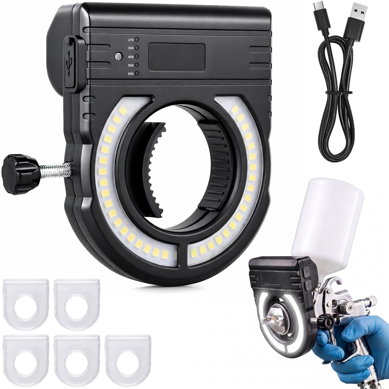 Kfz Lackierpistole Led Fülllicht – Auto Sprühpistolen Licht mit 250/500 Lumen & 5 Farbtemperaturen, Beleuchtung für Lackierpistolen mit 2600mAh Akku, PVC-Schutzhülle, für Auto Lackierarbeiten