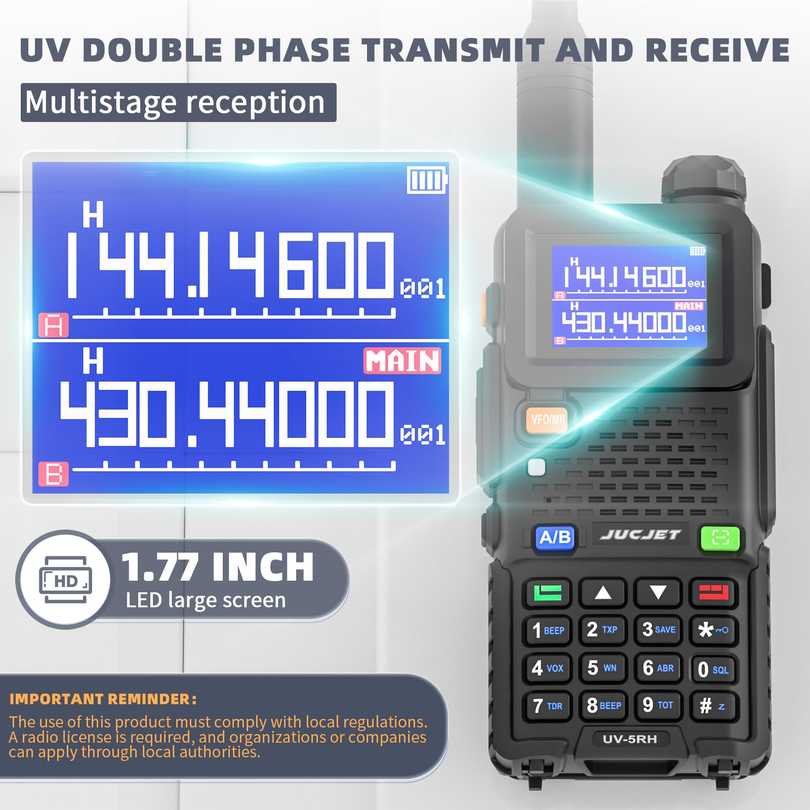 5RH Radios 10W, Ajuste de Frecuencia para Radioaficionados, 2 Uds | Set de Dos Radios, 999 Canales por Radio, Pantallas TFT de 1,77 Pulgadas, Doble Espera, Baterías 2500 mAh, Carga USB-C