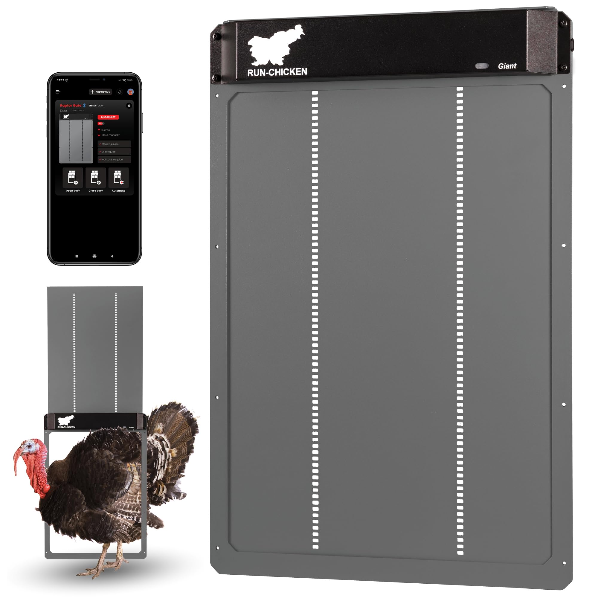 RUN-CHICKEN Door Giant – Large Automatic Poultry Coop Door for Ducks & Turkeys, Not for Chickens, Battery Powered/Solar Compatible, Heavy-Duty