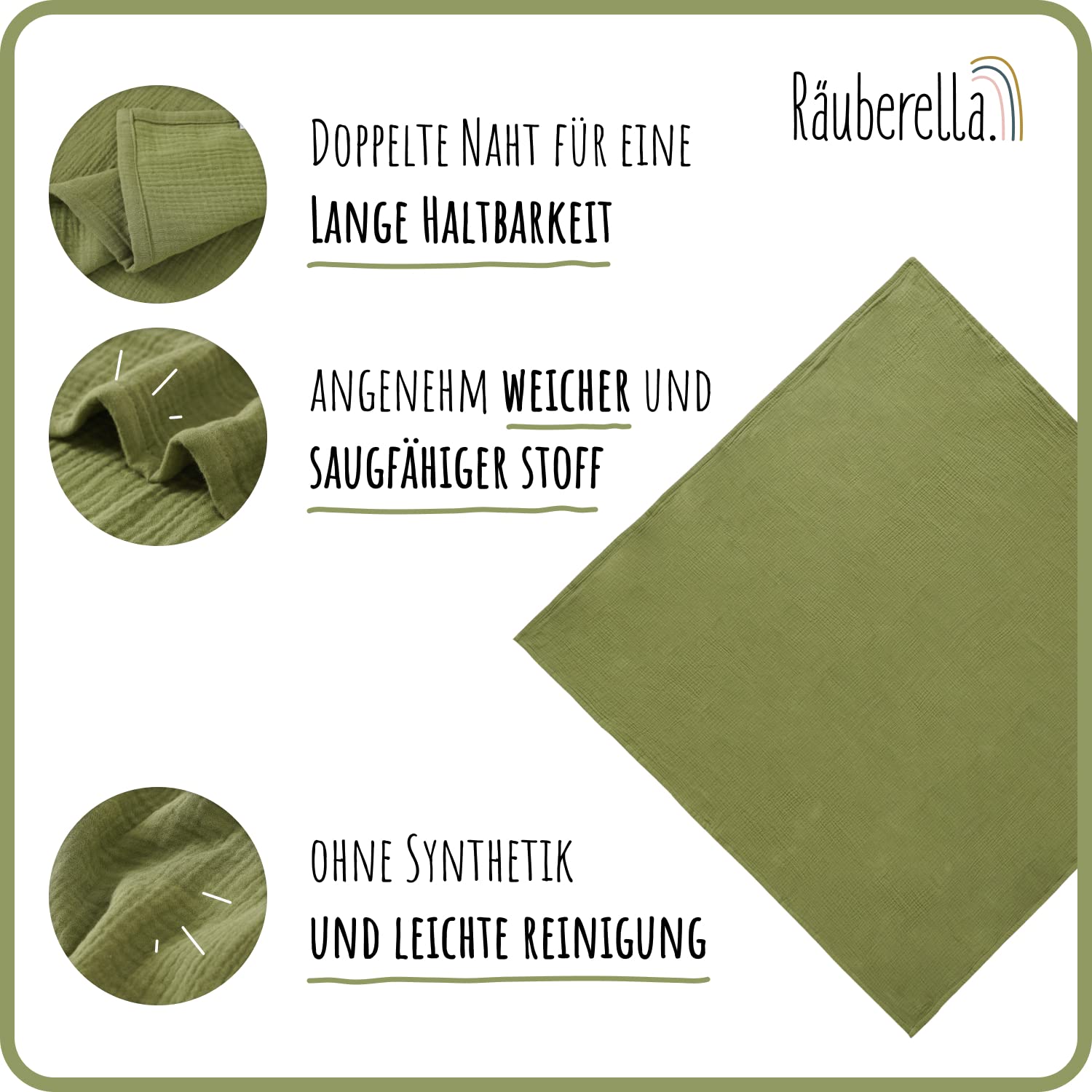 Räuberella ® Coperta originale 120 cm x 120 cm, in 100% mussola cotone biologico, regalo per la nascita per neonati (oliva)