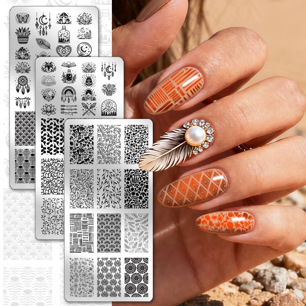 PH PandaHall Set di 3 stencil per nail art, stile bohémien, acchiappasogni, piume, cristalli, luna, stella, unghie, stampini, fiori, foglie, stampini per unghie, per donne, fai da te, manicure, design