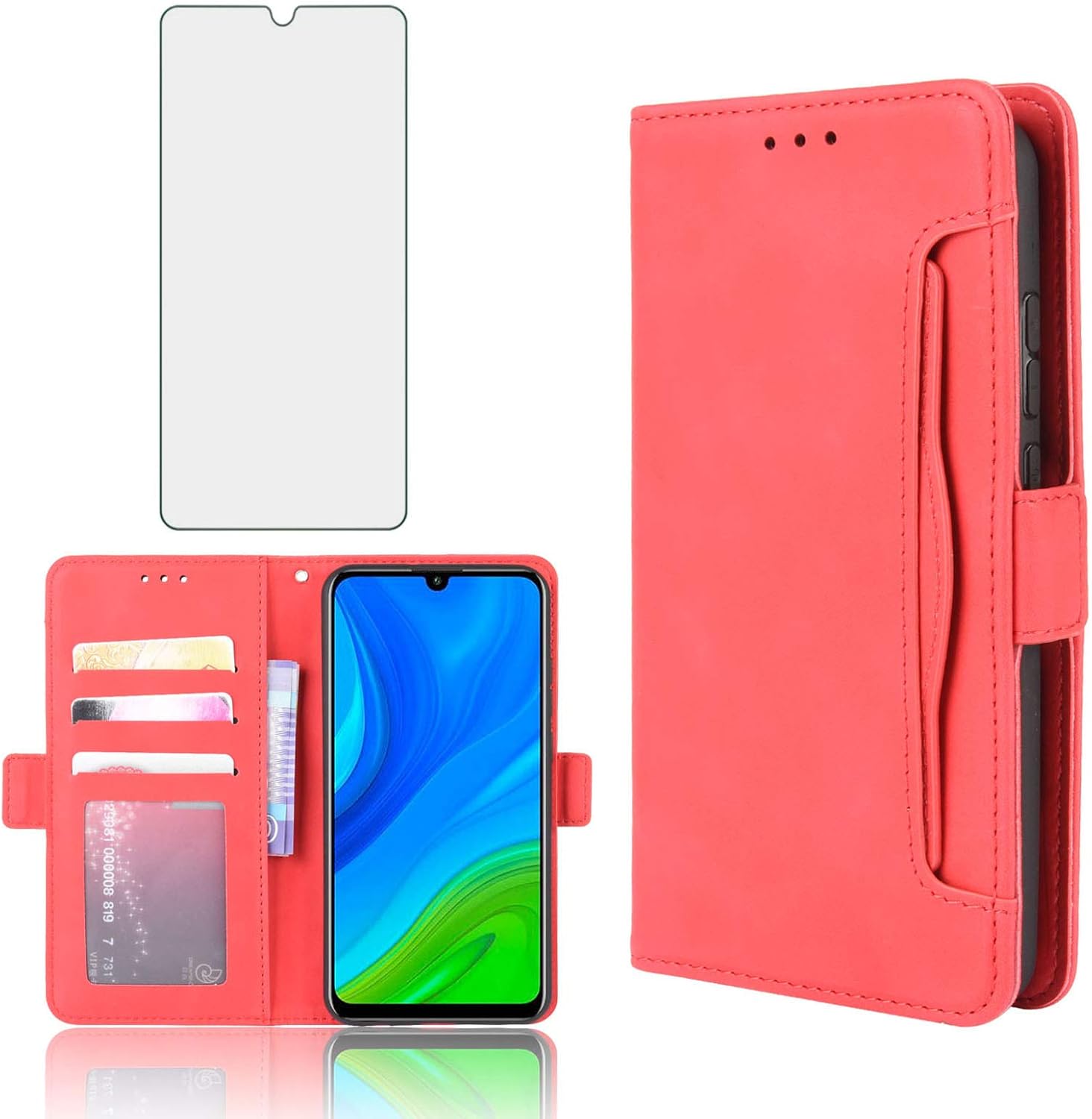 Asuwish Compatible with P Smart 2020 Wallet Case Tempered Glass Screen Protector and Leather Flip Card Holder Stand Kickstand Shockproof Cell Accessories Phone Cases for PSmart Women Men Red