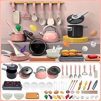 61Pcs Kids Kitchen Toy Accessories Set, Toddler Pretend BBQ Cooking Playset with Pots and Pans, Utensils Cookware, Cut Play Food Set, Toy Vegetables, Play Kitchen for Girls and Boys Pink