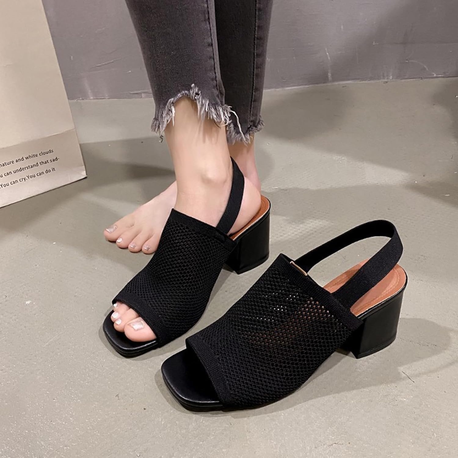 Women's Knit Peep Toe Chunky Block Heeled Sandals with Ankle Strap Fashion Cut Out Open Square Toe Backless Slip On High Heels Summer Casual Work Office Wedding Dressy Pumps - Image 2