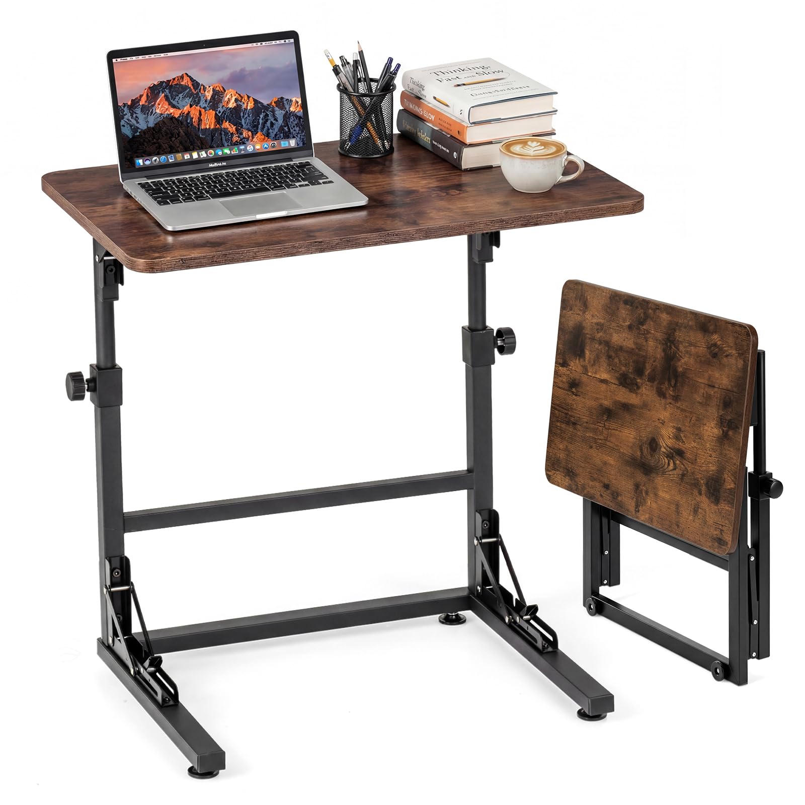 COSTWAY Mesa Auxiliar Plegable en Forma de C, Mesita Lateral para Sofá, Altura Ajustable y Estructura Metálica, Escritorio Industrial para Ordenador Portátil, Salón, Dormitorio, 59,5 x 39 x 51-66 cm