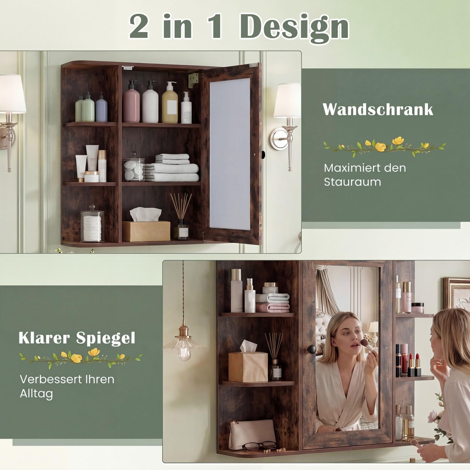COSTWAY Spiegelschrank Bad, Badezimmerschrank mit Spiegel, Badschrank mit 3 Innenablagen & 6 offenen Fächern, Einbau- oder Aufputz-Wandschrank mit Einzeltür, 66 x 16,5 x 63 cm (Rustikales Braun)