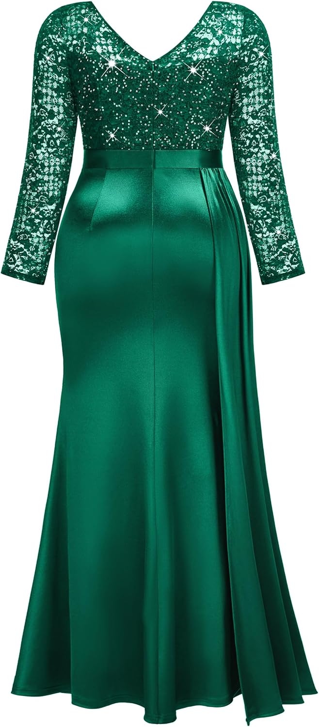 MISSMAY Women's Plus Size Sequins Lace V Neck Long Ruched Satin Slit Mermaid Hem Formal Party Long Dress - Image 6