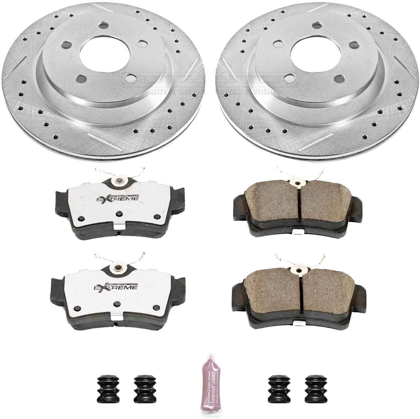 PowerStop Rear Brake Kit For Ford Mustang 1994-99 |Mustang 2001 |Mustang 2003-04 - Carbon Fiber Ceramic Brake Pads + Drilled & Slotted Rotors Upgrade, K1306-26