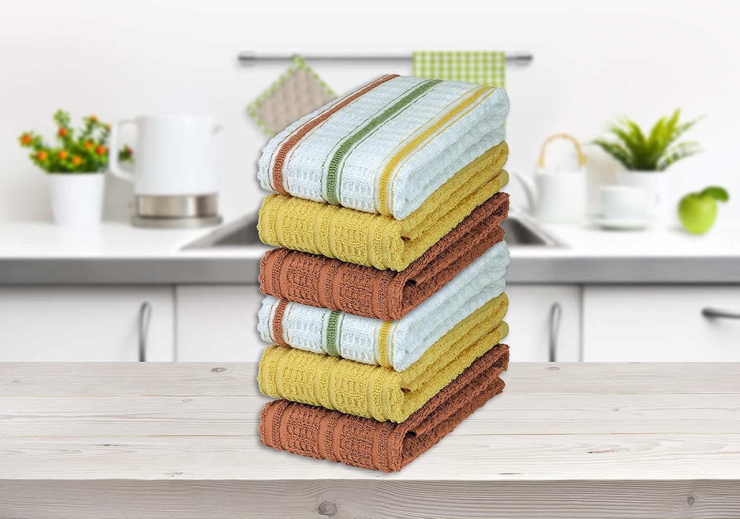 DecorRack 6 Large Kitchen Towels, 100% Cotton, 16 x 27 inches, Thick Absorbent Dish Drying Cloth, Perfect for Kitchen, Soft Hand Towels and Tea Towel, White, Yellow and Orange Colors (6 Pack)