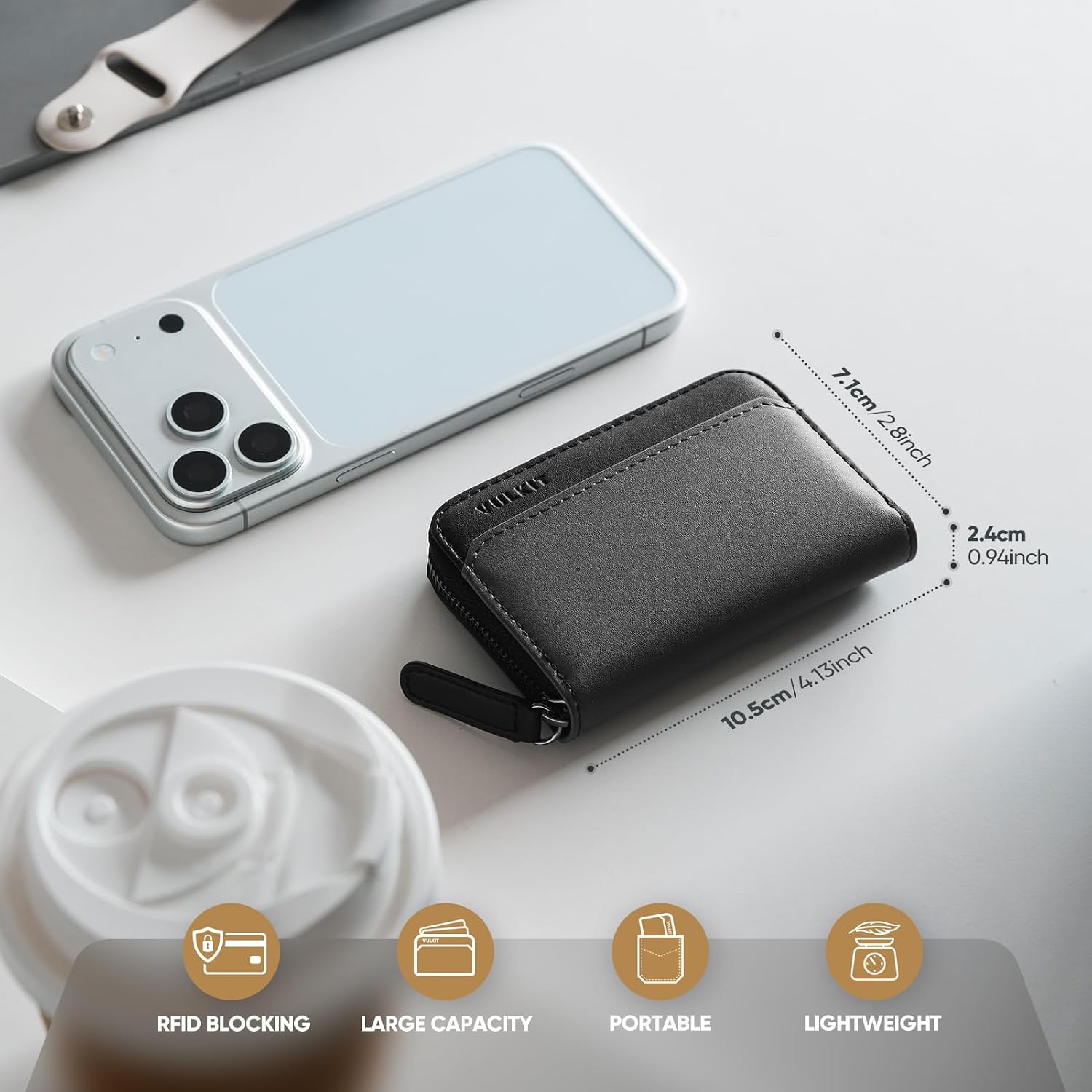 VULKIT RFID Blocking Credit Card Holder, Leather Business Card Holder Case, Minimalist Zipper Wallet, Steel Gray