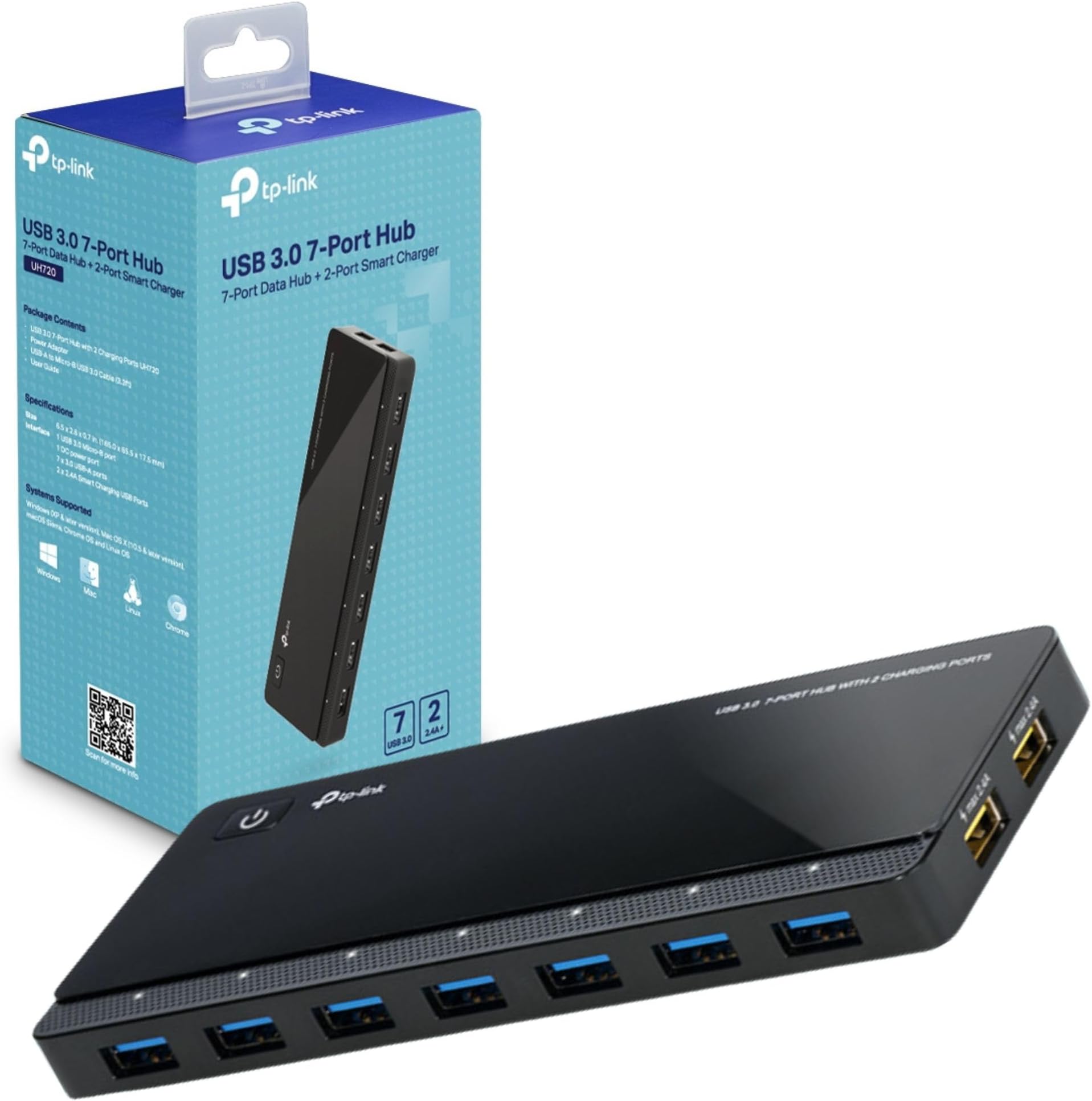 TP-Link UH720 USB Hub, 7-Port Docking Station with Extra 2x 2.4A Ultra Fast Charging Ports, 10x Data Transfer Speed up to 5Gbps, 1m USB3.0 Cable, Compatible with Windows, Mac OS X and Linux systems