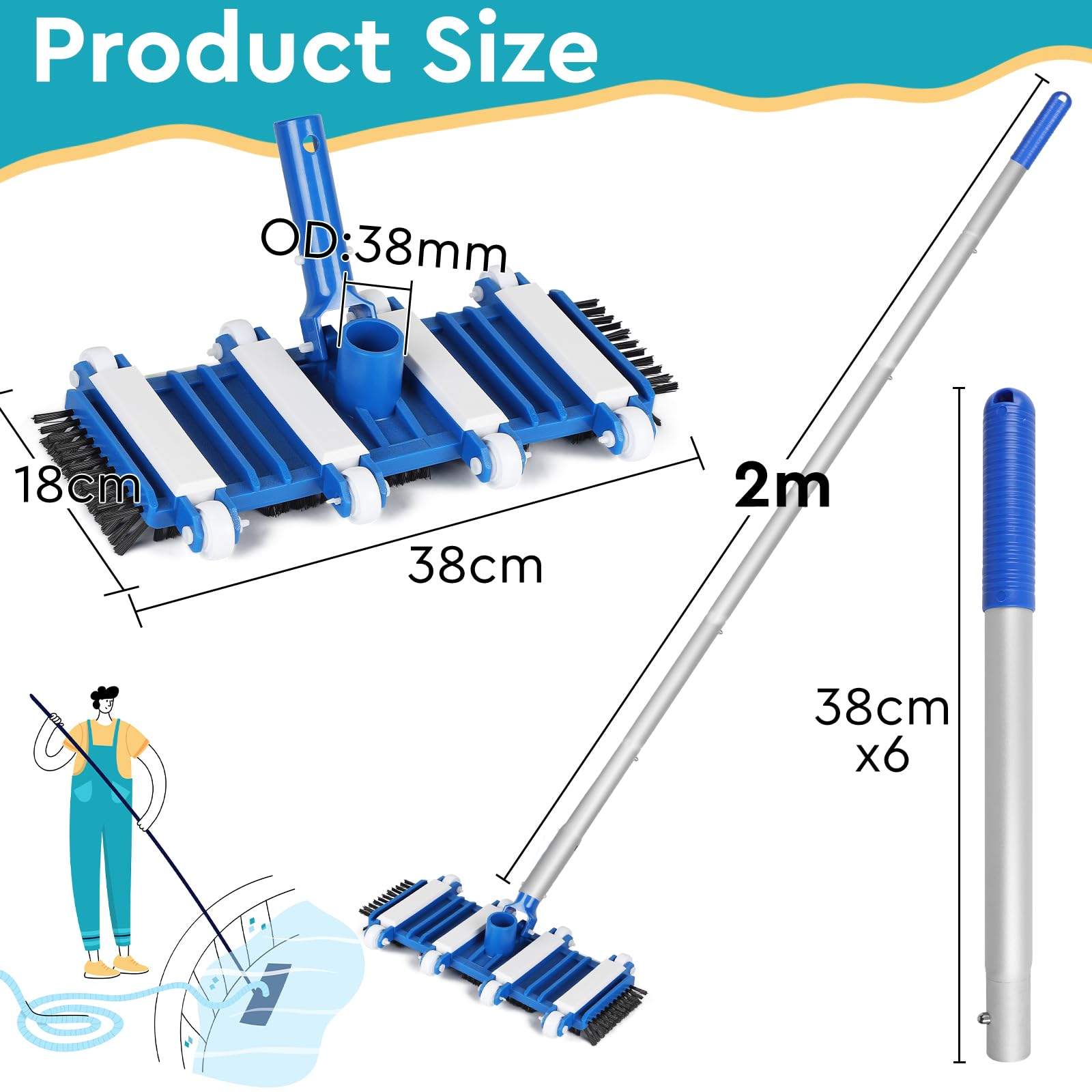 EFUTURETIME Limpiafondos Aspirador Manual de Piscina con Cepillos Laterales y Rodillos, con Desmontable Pértiga Telescópica de 2 m