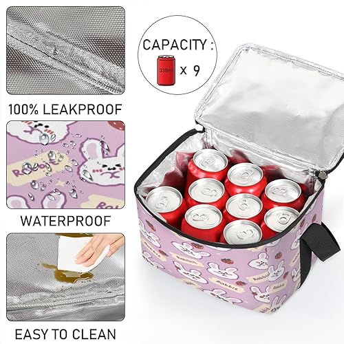 Miniatura 5 de QsirBC Bolsa de almuerzo aislada con diseño de fresa de conejo, bolsa de almuerzo reutilizable para adultos y hombres, hielera para el trabajo,