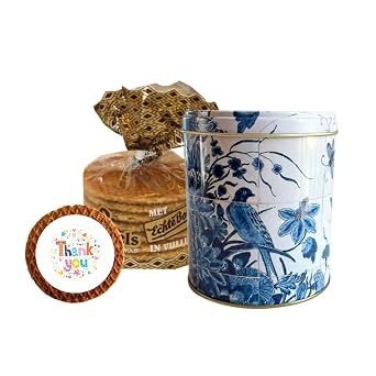 DeReuze Dutch Stroopwafels Gift Set with Decorative Netherlands Inspired Design Blue Tin and Special Occasion Gift Message Shipped in Organza Bag Thank You