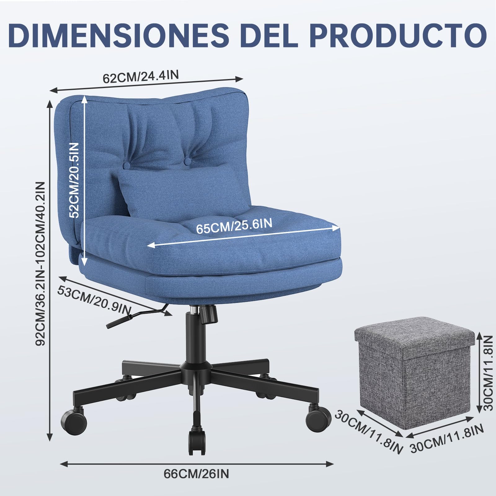 Silla Escritorio Ajustable en Altura Silla Oficina Ergonómica con Ruedas, Silla Tocador con Taburete de Almacenamiento, Silla Giratoria con cojín Grueso para Oficina, Estudio, Azul