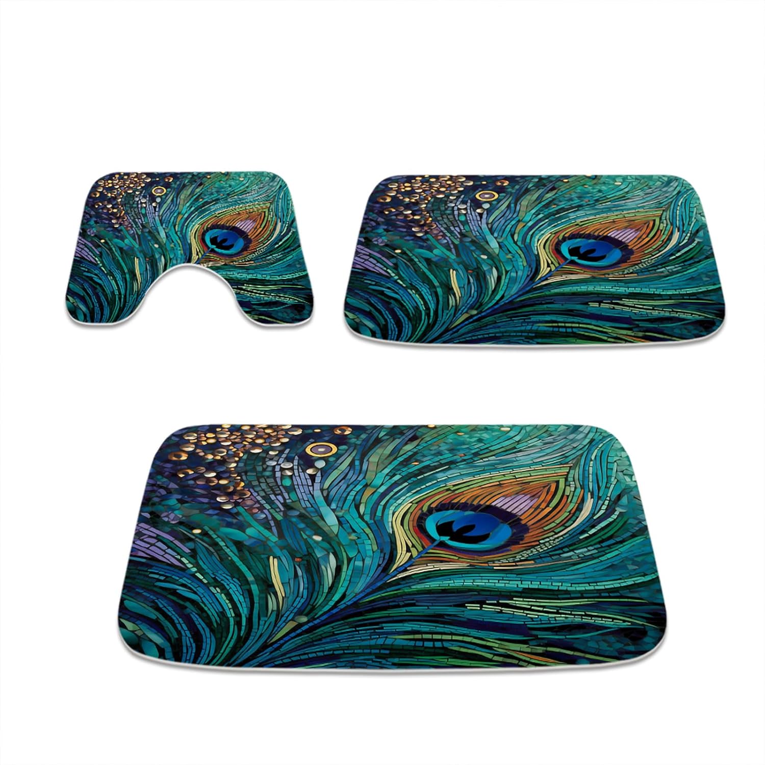 Boho Colorful Feather Peacock Bathroom Rugs and Mats Sets, 20 x 31 Large Imitation Cashmere Bath Mat, 16 x 20 U-Shaped Contour Shower Mat Non Slip, Bath Rugs 16 x 24 Inches