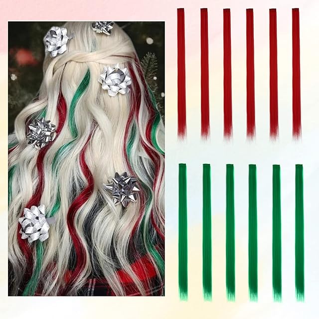 Coloured Hair Extensions for Kids Women, BARSDAR 12 PCS Colored Clip in Hair Extensions Rainbow Party Highlights Synthetic Hairpieces 21 Inch Red & Green Extensions with Rubber Bands