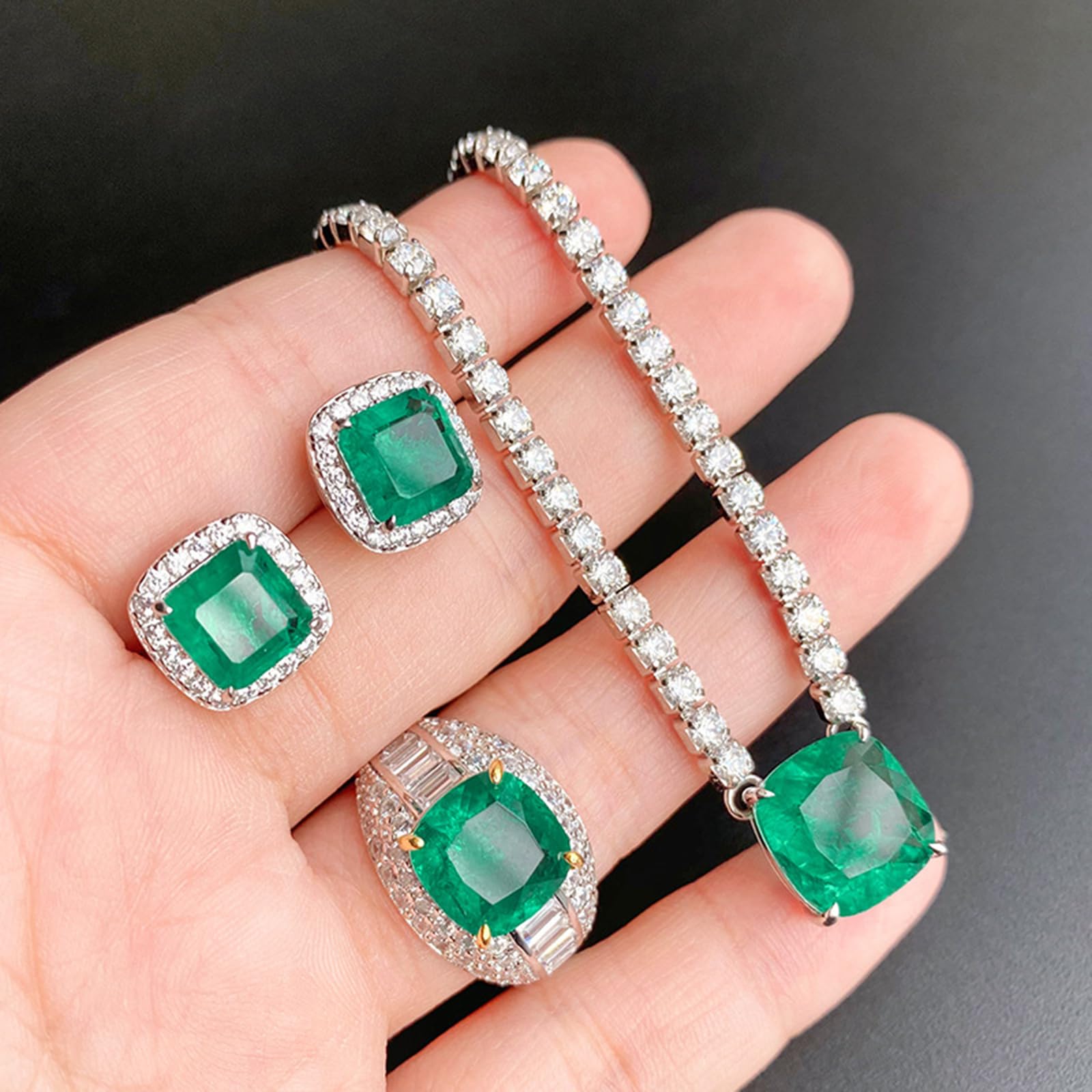 Juego de collar con colgante de diamante verde artificial de plata de ley 925 para mujer, conjunto de joyas cuadradas con diamantes de imitación verdes para bodas, banquetes