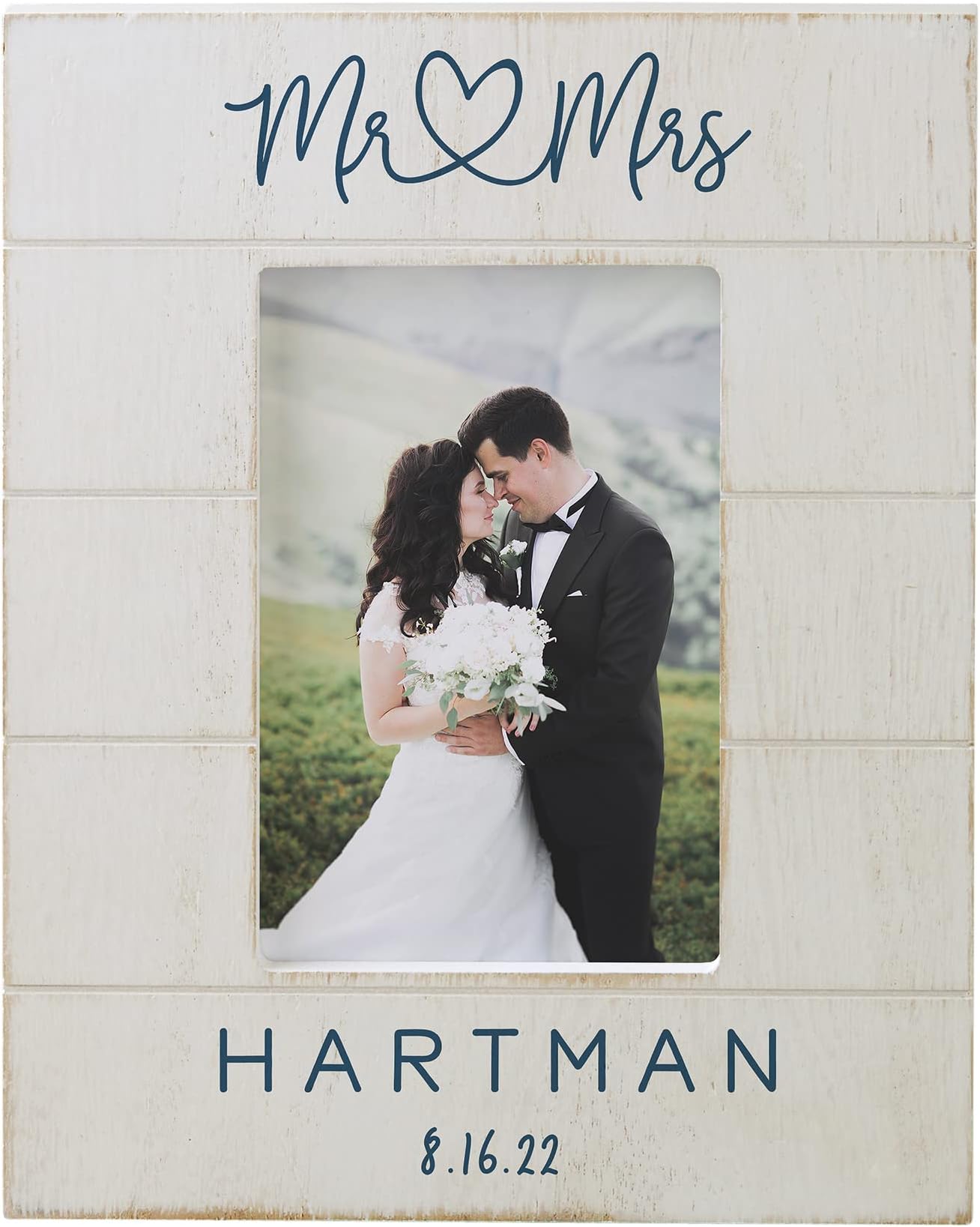 Personalization Universe Infinite Love Shiplap Wedding Picture Frame 4" X 6" Vertical – Custom Couples Last Name & Titles, Engagement Party Décor, Unique Tabletop Photo Frame, Bridal Registry, Destressed Wood Frame