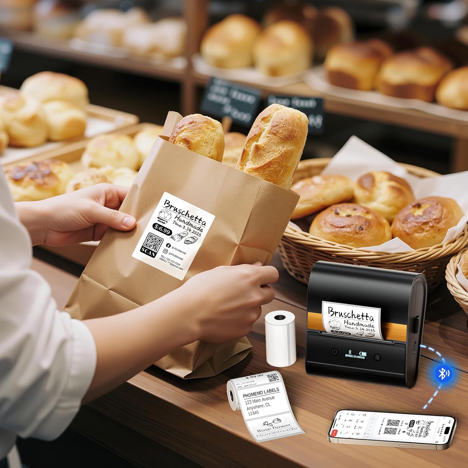 Person applying a custom-printed label from Phomemo M260 to a bread bag.