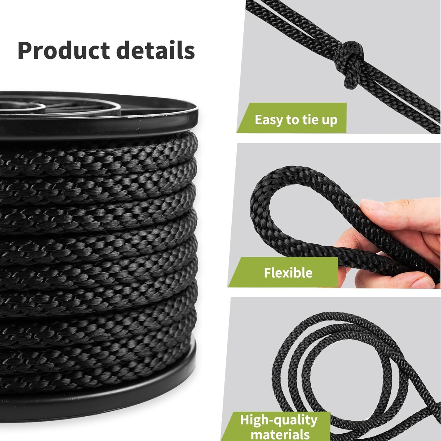 1/2 Inch 100FT Black Polyester Solid Braid Rope | High UV & Abrasion Resistance | Industrial Grade, Low Stretch | Multipurpose for Flag Poles, Clotheslines