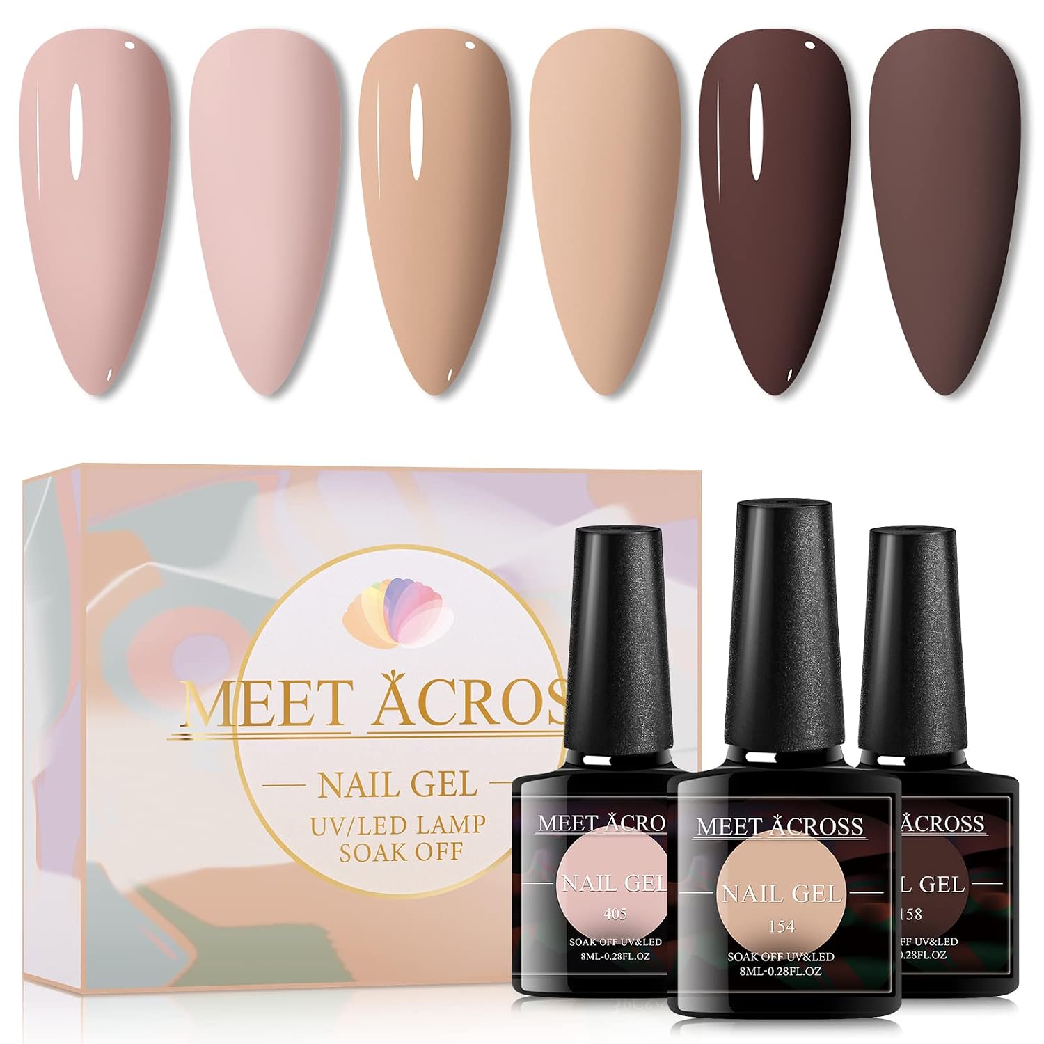 MEET ACROSS Pink Nude Purple Gel Nail Polish Set 3 Colors Gel Polish Kit Soak Off UV Led Lamp Nail Polish Gel Base Top Coat Needed with Gifts Box for Nail Art Salon Design Manicure Starter Set (Pink Purple)