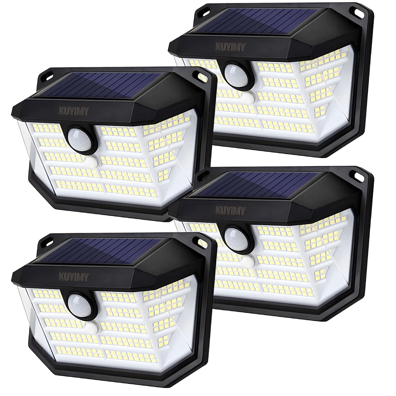 kuyimy Solar Outdoor Lights, 230 LED with Motion Sensor and 3 Modes, IP65 Waterproof, 270° Wide Angle Light, Easy-to-Install Intelligent Security Wireless Wall Lights for Porch, Garage, Yard(4 Pack)