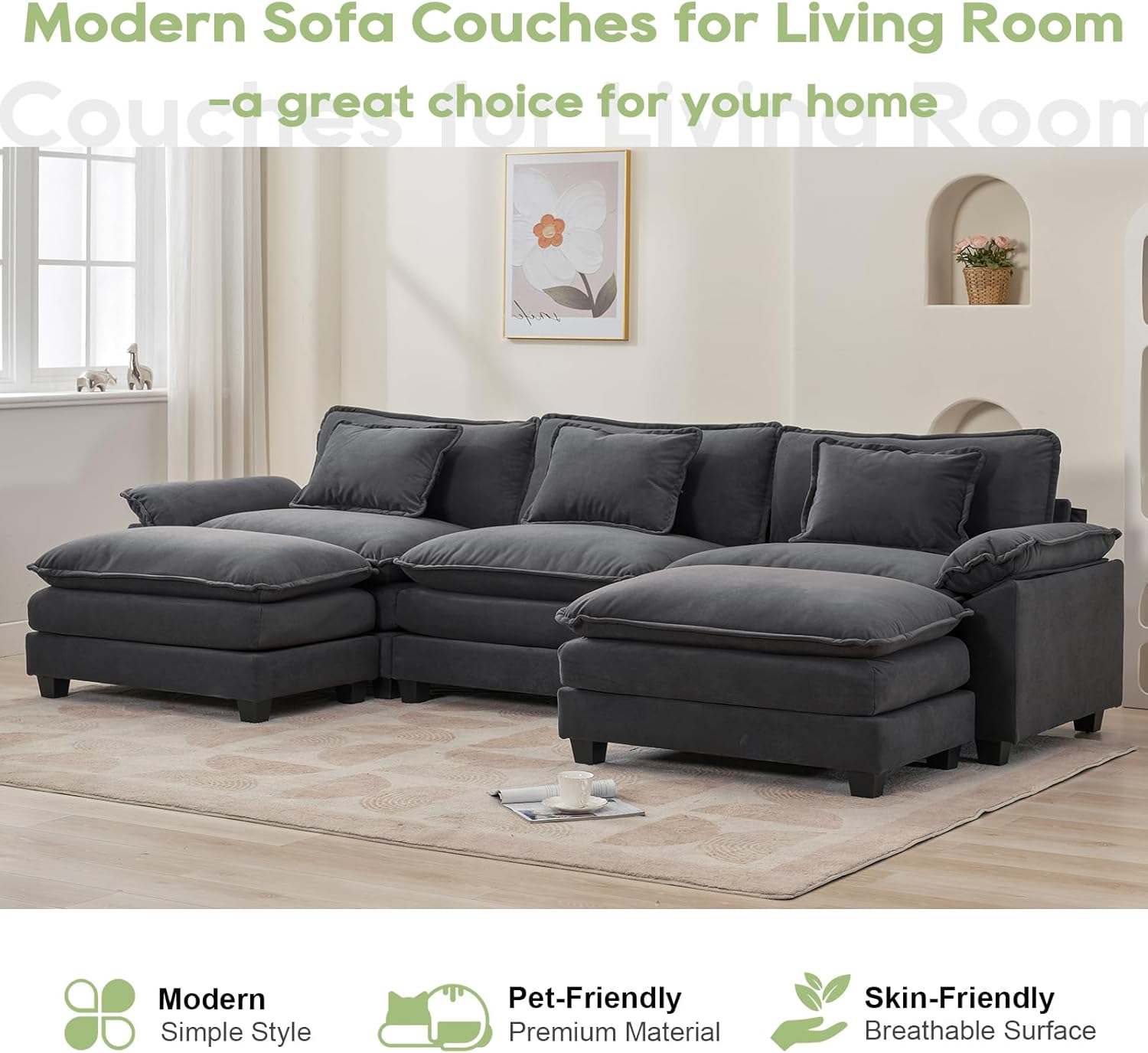 120" Modular Sectional Sofa, Comfy Cloud Couch Sectional Sofa with Ottoman, Chenille Sofa Sleeper Deep Seat Sofa with Throw Pillows for Living Room (Blue Gray, 120"- U Shape) Blue Gray 120"- U Shape