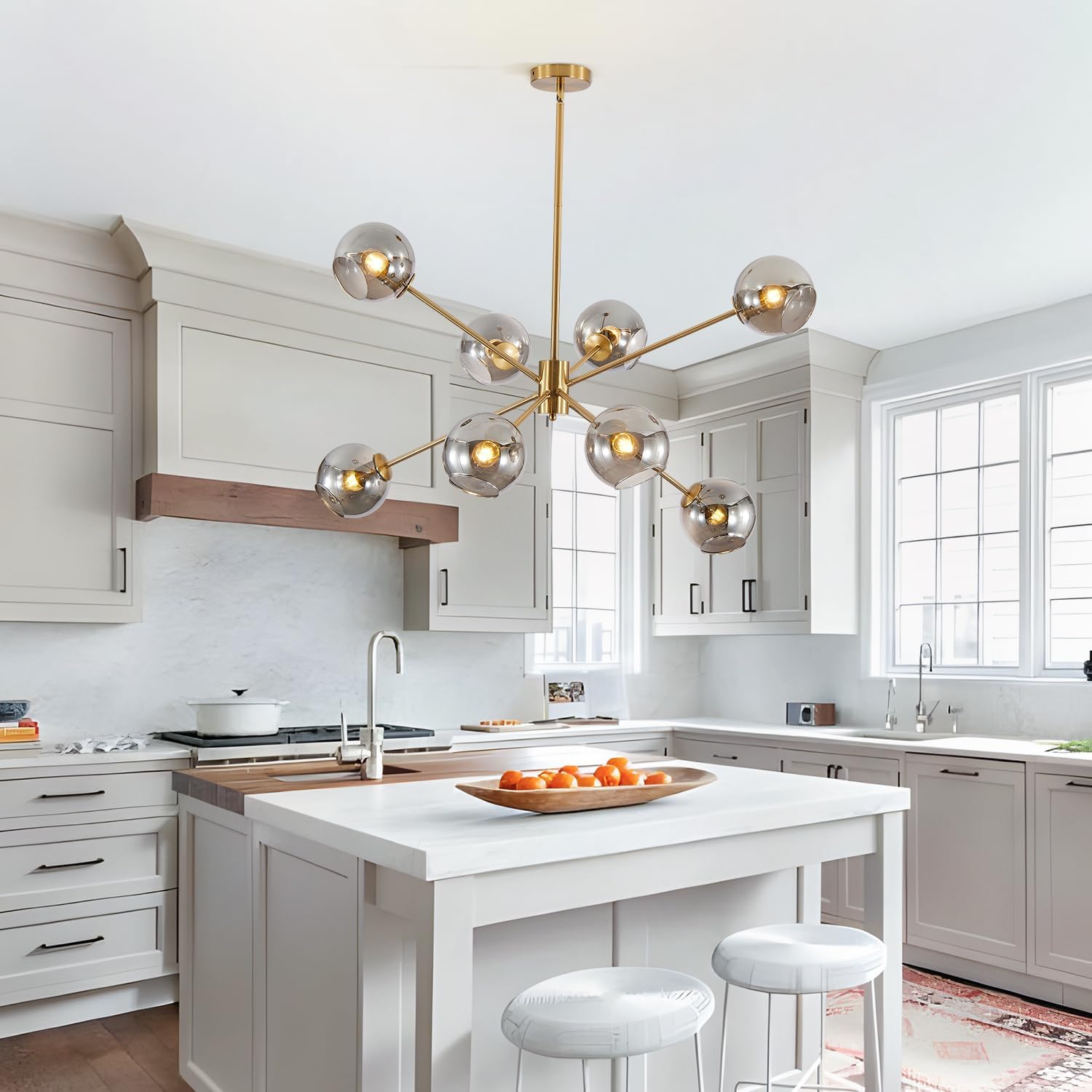 BOKT Modern Vintage Globe Sputnik Chandelier Gold Smoked Gray Glass Light Fixture Large 8 Light Mid Century Brushed Brass Pendant Light Kitchen Island Contemporary Ball Hanging Lamp