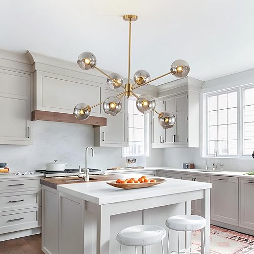 Miniatura 6 de BOKT Lámpara de araña moderna vintage Sputnik de cristal gris ahumado dorado, lámpara colgante grande de 8 luces de mediados de siglo latón