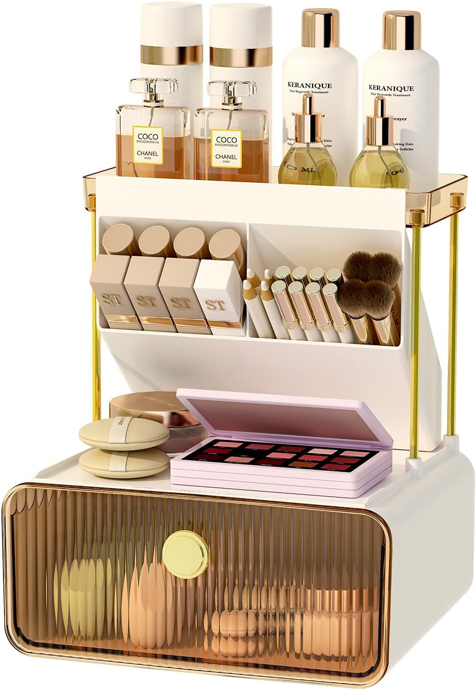 FOLLOWIN 3 Tiers Makeup Organizer with Drawer,Cosmetic Display with Lipsticks Brush Holder,Cosmetics and Beauty Supplies Organizers for Vanity,Dresser,Bathroom Desktop Countertop Organizer,Amber