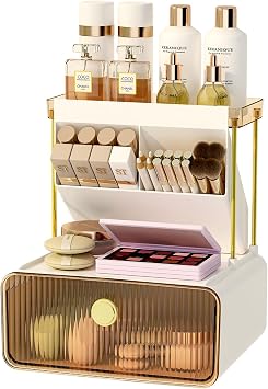 FOLLOWIN 3 Tiers Makeup Organizer with Drawer, Cosmetic Display with Lipsticks Brush Holder, Cosmetics and Beauty Supplies Organizers for Vanity, Dresser, Bathroom Desktop Countertop Organizer, Amber