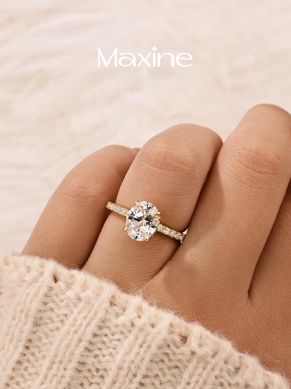 2.0CT Oval Cut Moissanite Engagement Ring, Lab Created D Color VVS1 Clarity Stone, 14K Yellow Gold Plated Sterling Silver Solitaire Wedding Promise Ring - Image 3