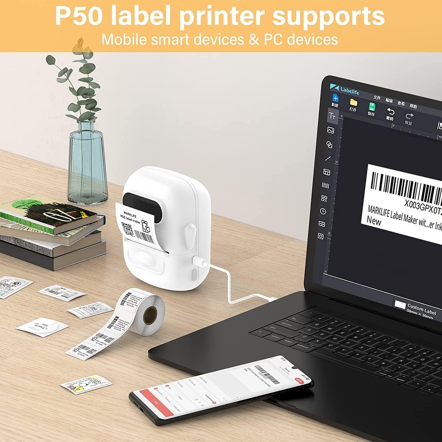 MARKLIFE P50 labels used for organizing kitchen and bathroom items.