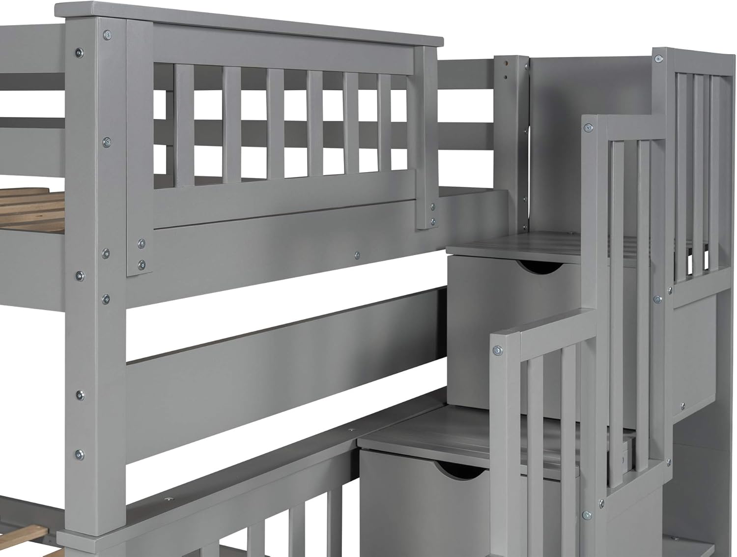 MERITLINE Full Over Full Bunk Bed with Storage Drawers, Wooden Bunk Bed Frame with Staircase and Shelves, Detachable Bunk Bed for Kids, Space Saving Design (Gray)