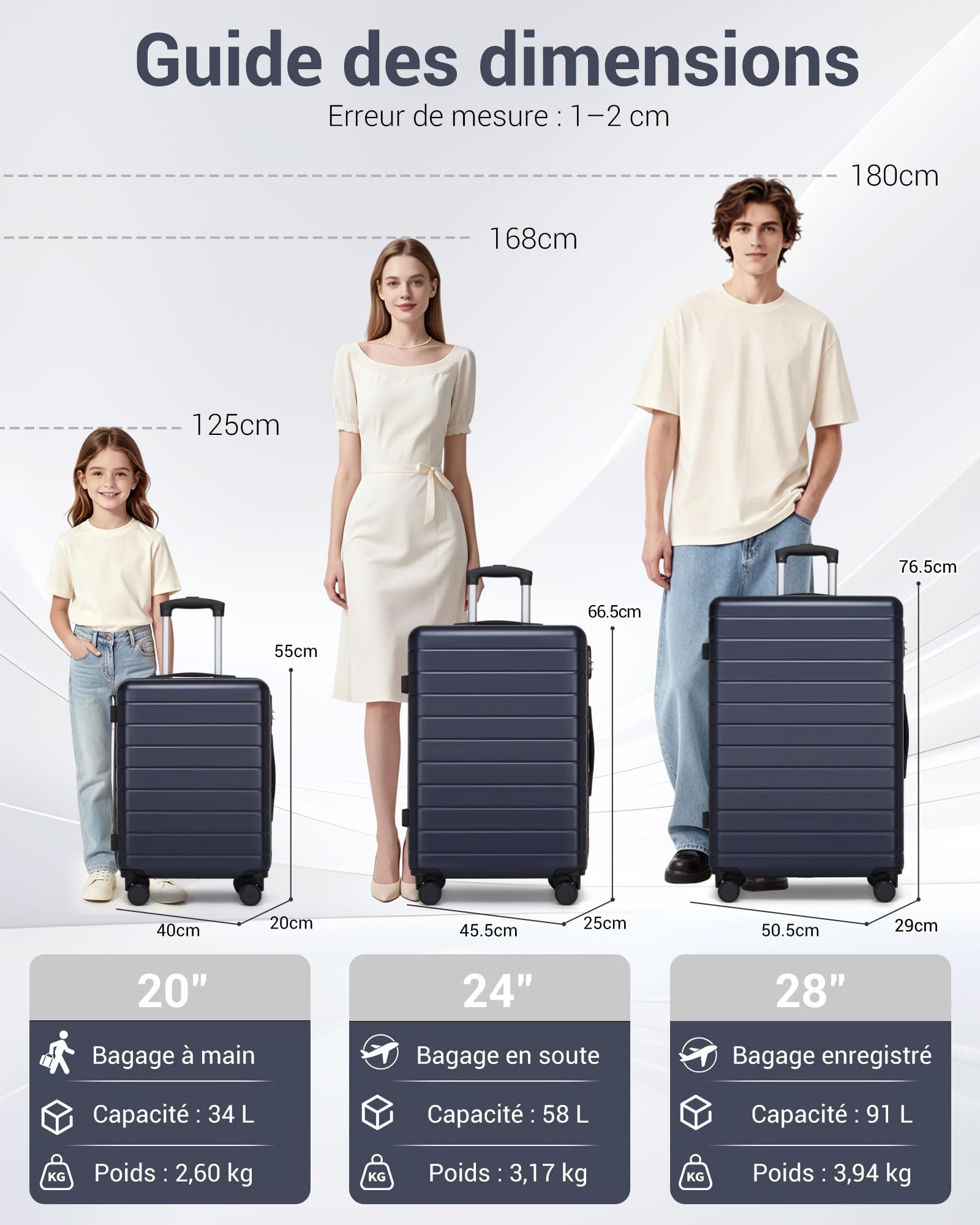 Set de 3 Valises à Carcasse Rigide avec 4 Roues Pivotantes, Set de Valises Léger Composé de Grande et Moyenne Valise pour Voyages en Famille, Sets de Valises Résistantes