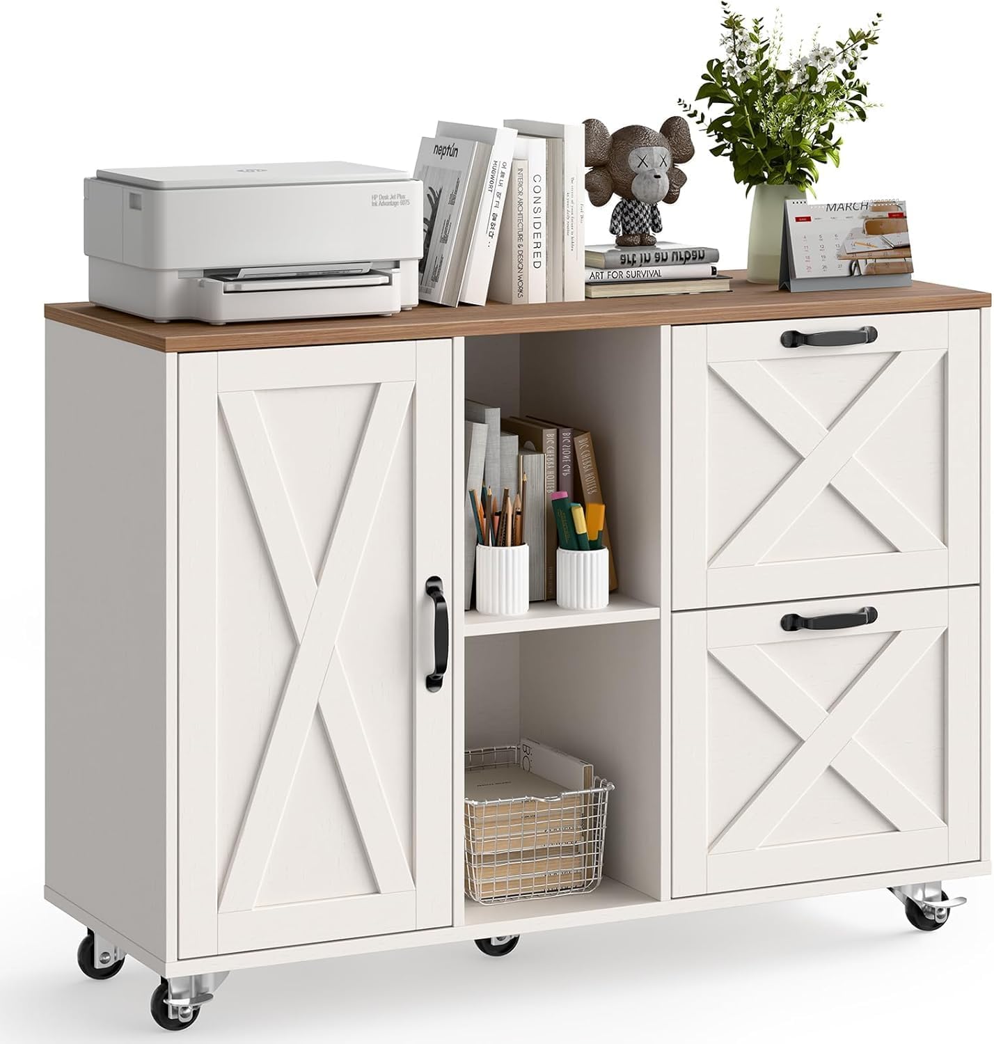 Lateral File Cabinet with 2 Drawers and Door, Farmhouse File Cabinet for A4/Letter Size Hanging Files, Large Wood File Storage Cabinets Printer Stand with Open Space for Home Office Furniture, Black