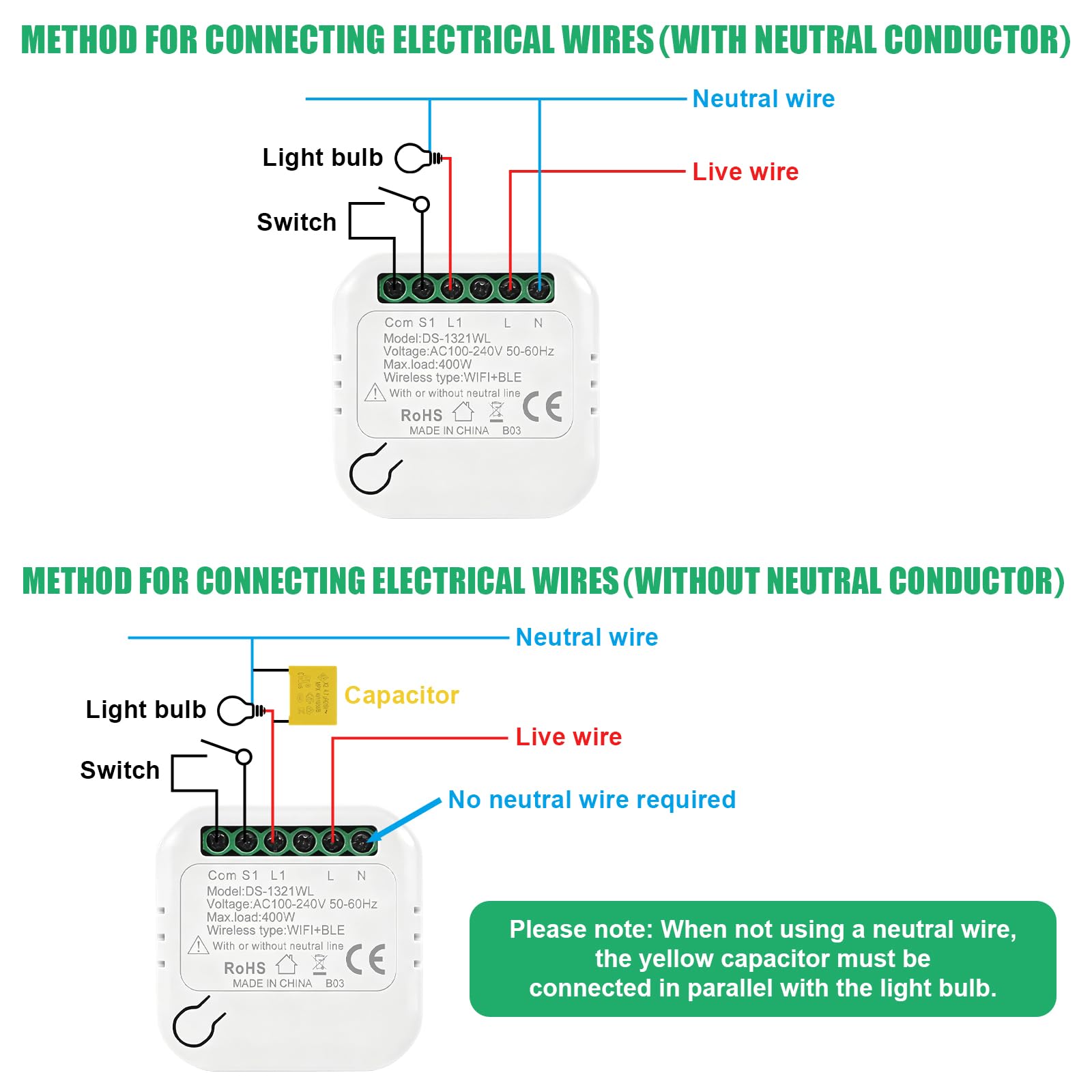WiFi Interruptor Módulo Sin Neutro,Inteligente Interruptor, Smart Switch | Inteligente Luz Interruptor Sin Neutro Compatible con Alexa & Google Assistant, Mini Smart Switch WIFI con Tuya y Smart Life