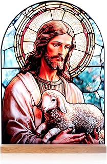 KOMI Jesus and Lamb Catholic Ornament Statue Tabletop Decor Acrylic Standing Desk Sign Home Altar Decor Christian Gifts