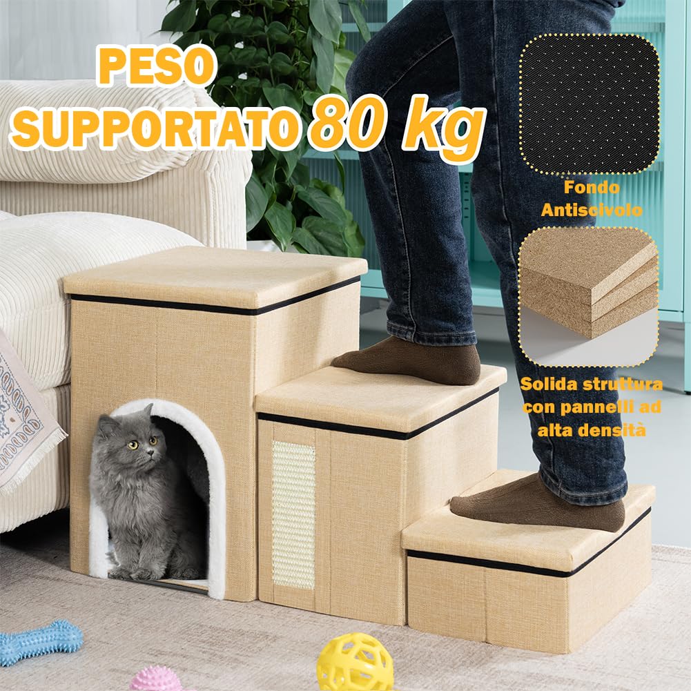 BAKAJI Scale per Cani e Gatti 3in1 Pieghevole in Poliestere Beige, Scala per Animali Domestici Multifunzione, Scaletta Vano Contenitore e Cuccia Casetta, Gradini Ergonomiche, Fondo Antiscivolo