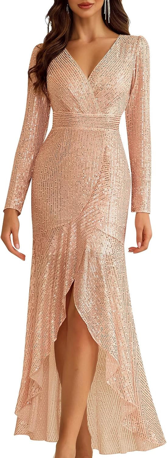 COOAN Women's Long Sequin Formal Dresses Long-Sleeve Cocktail Wedding Guest Dresses Elegant V Neck Party Gowns