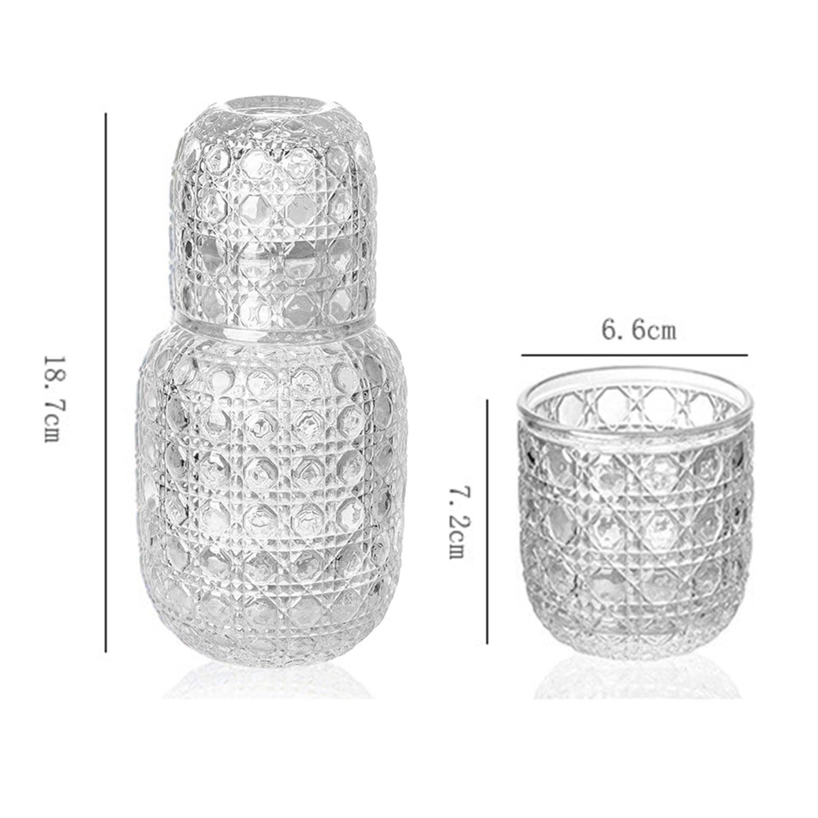 Qianly Bedside Wasserkanne Glas Karaffe Set mit Tasse Multifunktionskrug Glaskrug als Dekanter in Stilvollem Vintage Design für Schlafzimmer Wohnzimmer Büro, klar